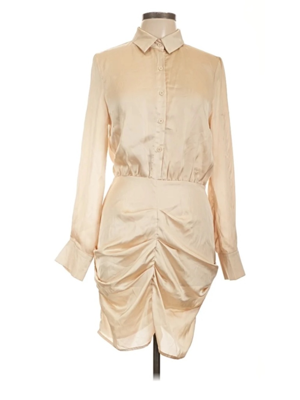 SZ 8 NWT PrettyLilThings Champagne Satin Ruched Shirt Dress